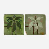 Van Briggle Pottery, Early tiles with woodbine, set of two, c. 1907-10, glazed earthenware