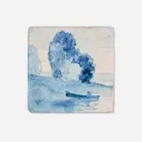 Rare landscape tile with a figure in a boat by Charles Volkmar for Volkmar Kilns, c. 1915, glazed earthenware, sold Jan 2025