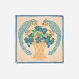 Tile with parrots and a flower basket by Arthur Baggs and Sarah Tutt for Marblehead Pottery, c. 1915, glazed earthenware, sold Jan 2025