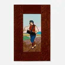 Mueller Mosaic Co., Tile with man sowing seeds, c. 1920, glazed earthenware decorated in cuerda seca