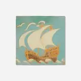 Tile with sailing ship by Marie Seaman for Grueby Faience Company, c. 1910, glazed earthenware decorated in cuenca, sold Jan 2025