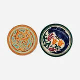 Tea tiles, set of two by North Dakota School of Mines, c. 1937, glazed earthenware, sold Jan 2025