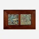 Double Vellum/Decorated Mat tiles with flowers, set of two by attribution for Rookwood Pottery Jens Jensen, c. 1945, glazed earthenware, sold Jan 2025