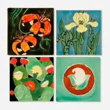 Collection of four tiles with flowers by San José Pottery, c. 1945, glazed earthenware, sold Jan 2025