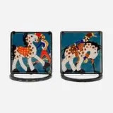 San José Pottery, The Start and the End of the Parade (Rare bookends, pair), c. 1945, glazed earthenware, wrought iron