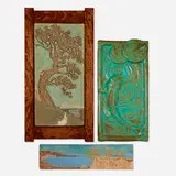 Collection of three tiles by Laird Plumleigh Studios and Janet Ontko, c. 2015, molded, handpainted and glazed earthenware, Evergreen-glazed earthenware, sold Jan 2025
