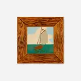 Tile with sailboat by Fred H. Robertson at Los Angeles Pressed Brick, c. 1915, glazed earthenware, sold Jan 2025