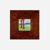 Scenic tile with landscape by Fred H. Robertson at Los Angeles Pressed Brick, c. 1915, glazed earthenware, sold Jan 2025