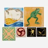 Collection of six tiles by Wheatley Pottery and Alhambra Pottery, c. 1915, glazed earthenware, sold Jan 2025