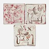 Whitney Atchley and Lawrence Blazey, Architectural tiles with stylized figures for the Lawrence Blazey Residence, Bay Village, Ohio, set of three, c. 1935, glazed earthenware