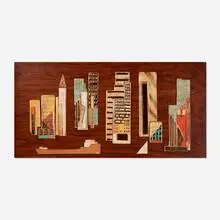 Harris Strong, Monumental assemblage with city skyline and boats, c. 1950, glazed earthenware, wood