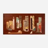 Harris Strong, Monumental assemblage with city skyline and boats, c. 1950, glazed earthenware, wood