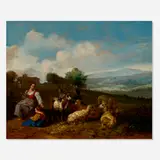 Hendrick Mommers, An extensive landscape with sheep and goats attended by a shepherdess and her child spinning yarns of wool, oil on panel