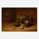 Pieter van den Bosch, A kitchen with cooks at work, oil on panel
