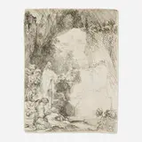 The Raising of Lazarus, small plate by Rembrandt Harmensz van Rijn, 1642, etching with drypoint on laid paper, sold Dec 2024
