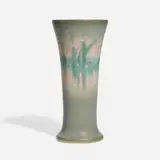 Scenic Vellum vase with sailboats on river, smokestacks and city skyline by Fred Rothenbusch for Rookwood Pottery, sold Nov 2024