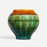 Aesthetic Movement majolica vase with stylized flowers by Christopher Dresser for Linthorpe Pottery, sold Nov 2024