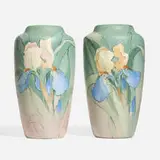 Mae Timberlake for Weller Pottery, Hudson vases with irises, near pair