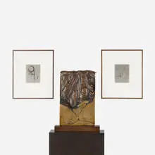 Anthony Pearson, Untitled (Pour Arrangement), 2008, bronze with liver of sulfur patina, wood pedestal; solarized silver gelatin print in artist's frame