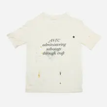Amanda Ross-Ho, Administering Sabotage Through Craft, 2010, cotton jersey, embroidery thread, aluminum thumbtacks, acrylic paint, latex paint, cabernet sauvignon, cat hair, dirt, coffee, buckram, matte medium