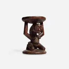 Luba, Prestige stool, female caryatid, carved wood