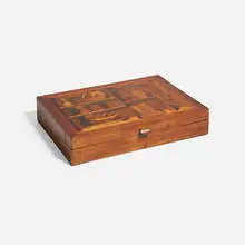 Enrico Bernardi, Trompe L'oeil lidded inlaid box, 1952, mahogany with intarsia inlay decoration