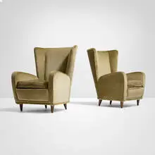 Lounge chairs from the Hotel Bristol, Merano, pair by Paolo Buffa, c. 1950, upholstery, Italian walnut, sold Oct 2025