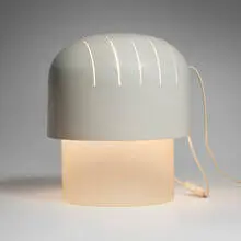 Table lamp, model 283 by Joe Colombo, c. 1965, enameled aluminum, frosted glass, steel, sold Oct 2025