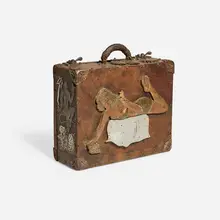 Folk Art, Tattooist's travel case, c. 1945, copper and aluminum over Masonite and wood, painted Masonite, patinated brass and steel, leather