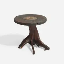 Folk Art, Stump and spool table, redwood, tree trunk, cork