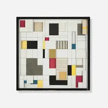 Collage Construction by Angela Korda, 1950, paper collage construction in artist's frame, sold Oct 2025