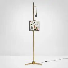 Easel floor lamp by Angelo Lelii, c. 1950, brass, enameled aluminum, brass-plated steel, sold Oct 2025