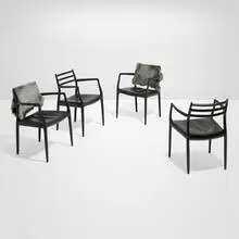 Niels O. Møller, Armchairs model 62 from NOMA, set of four, 1962 / 2012, fumed, sandblasted, colored and waxed oak, leather