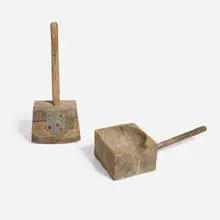 Primitive, Ladle and mallet, carved wood, oak, galvanized steel, steel