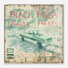 Rustic, Black Mesa Auto Parts sign, c. 1990, acrylic on wood