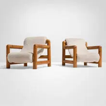 Belgian, Lounge chairs, pair, c. 1970, sheepskin upholstery, pine