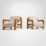 Belgian, Lounge chairs, pair, c. 1970, sheepskin upholstery, pine