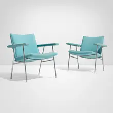 Lounge chairs model AP 52, pair by Hans J. Wegner, c. 1960, upholstery, chromed steel, sold Oct 2025