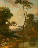 Untitled by Cornelis van Poelenburgh, SHEPHERDS BATHING IN A RIVER LANDSCAPE, oil on canvas, sold May 2004