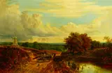 Driver with Horse Cart and Dog on a Road Near a Pond with Distant Windmill by Alfred Augustus Glendening, Jr., Oil on canvas, offered May 2004