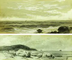 ROCKY COASTAL SCENES, each intialed "ATB" lower right by Alfred Thompson Bricher, Ink and wash on paper - each sight size: 3 in. x 6 3/4 in, sold May 2004