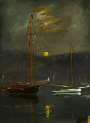 Alexander Brook, Moonlight and Sailboats, Oil on board