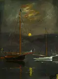 Alexander Brook, Moonlight and Sailboats, Oil on board