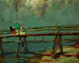 Ruth Anderson, Figures with Umbrellas on a Bridge, Oil on board