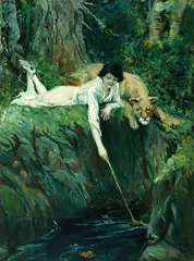 Woman and Lion by a Stream by J. J. Wilks, Oil on canvas, sold May 2004