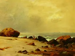 Charles Lanman, Untitled, FIGURES ON ROCKY COAST, oil on board