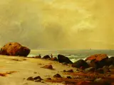 Charles Lanman, Untitled, FIGURES ON ROCKY COAST, oil on board