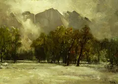 Thomas Hill, Snowy Scene with Trees at Mountain Edge, Oil on canvas