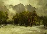 Snowy Scene with Trees at Mountain Edge by Thomas Hill, Oil on canvas, sold May 2004