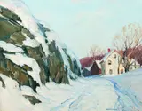 Georges A. Renouard, Snowy Road with Houses, Oil on canvas